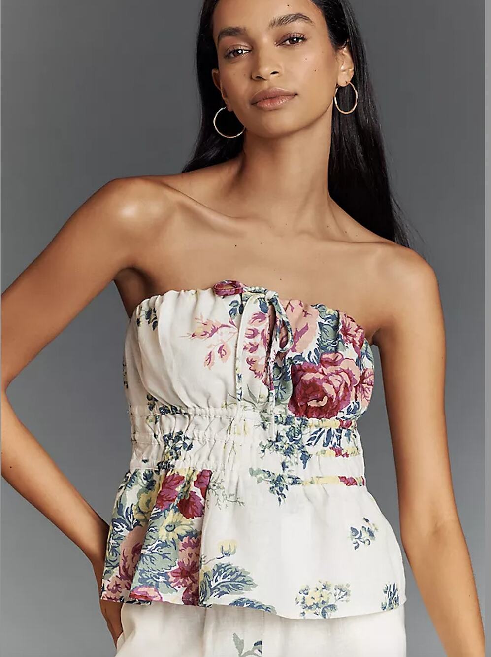 Anthropologie The Somerset Strapless Blouse Floral Linen Top NWOT XL